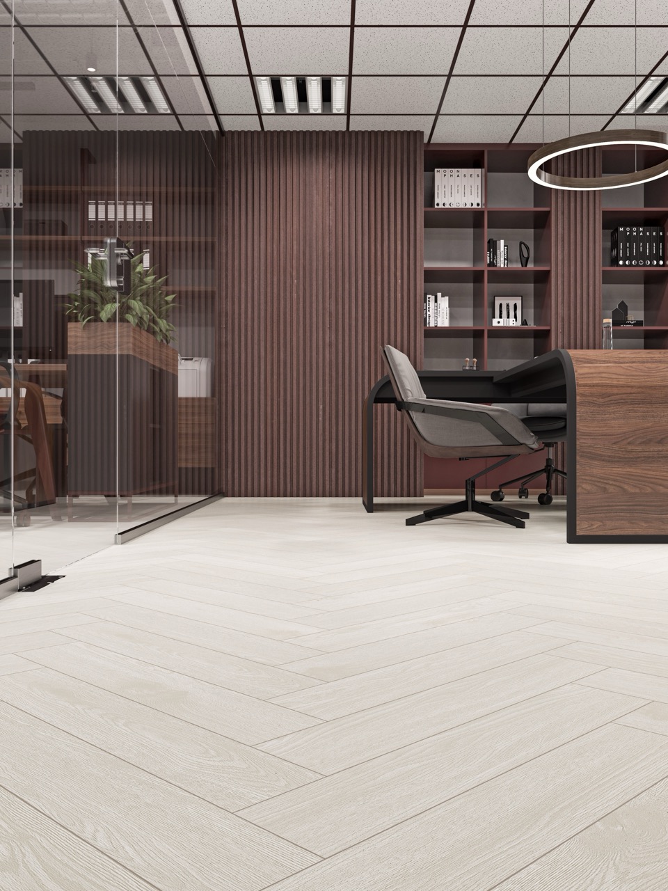 Кварцвиниловый SPC ламинат Cronafloor Herringbone Дуб Нант H003 венгерская елка 640×128×4,5 фото в интерьере